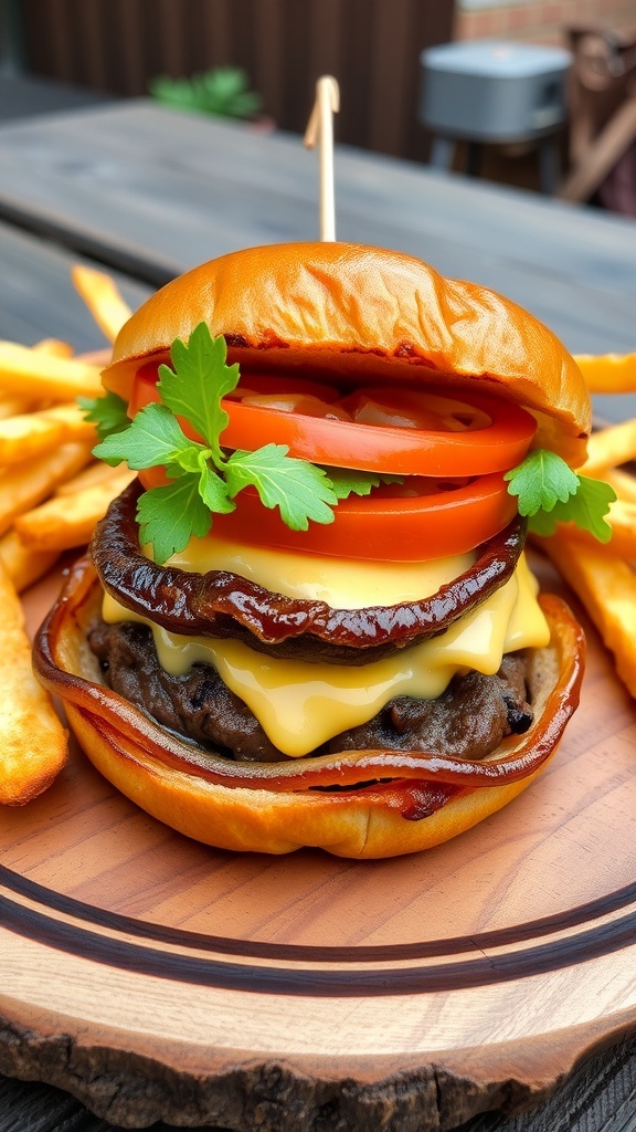 An onion-wrapped burger with cheese, lettuce, and tomato on a wooden plate with fries.